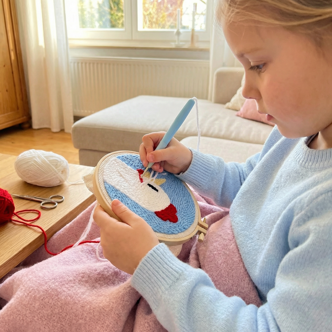 Punch needle embroidery tool with ergonomic handle and yarn