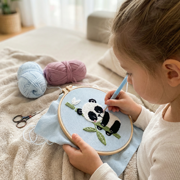 Young girl crafting with a panda motif punch needle embroidery set