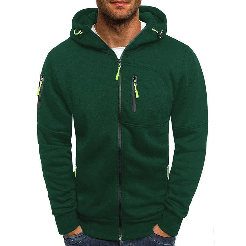 Men's versatile hooded zip-up sweatshirt jacket front view in casual wear style