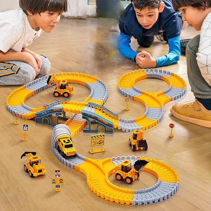 Full set of kids toys including flexible track, LED cars, and bridges