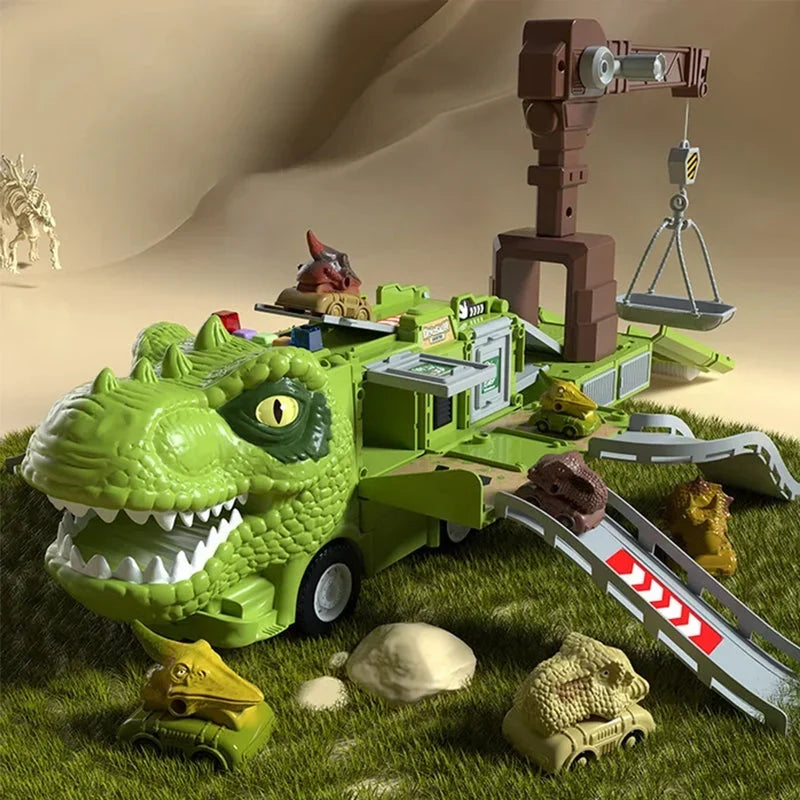 Green T-rex foldable dinosaur adventure truck fully unfolded with accessories