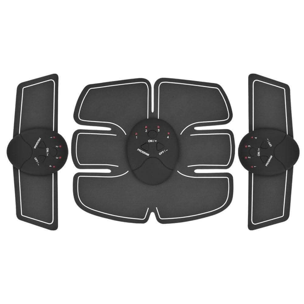 Abdominal muscle stimulator main control unit and pads flat lay