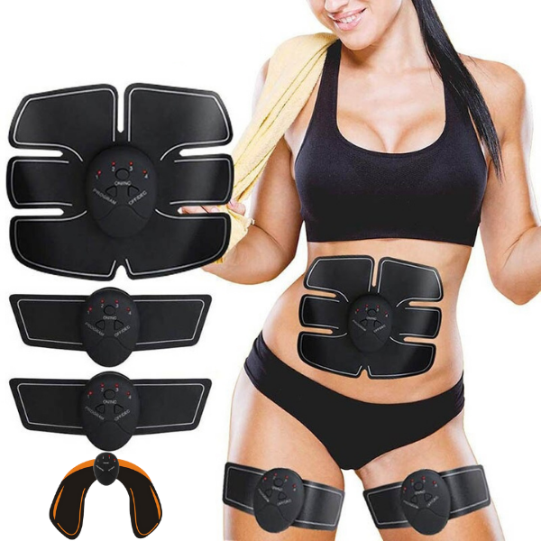 Model wearing abdominal muscle stimulator and arm and leg training units