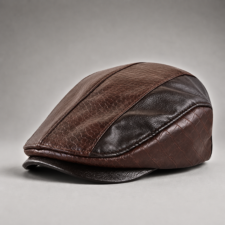 Men's classic textured driving cap in rich brown tones shown from a side angle