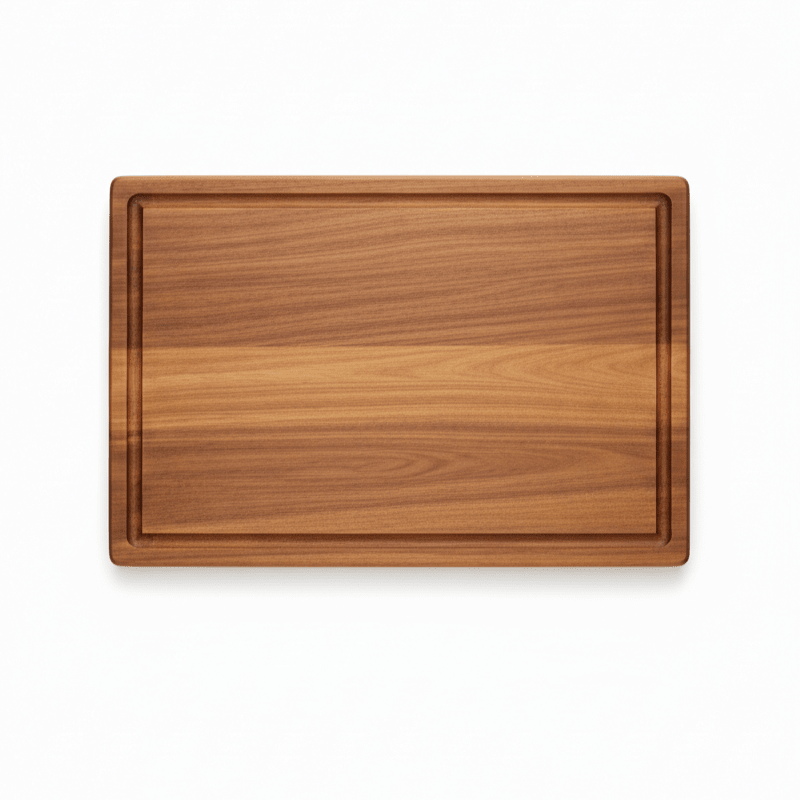 Top-down view of a rectangular solid acacia wood cutting board with juice grooves