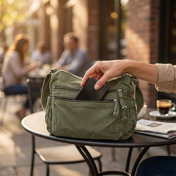 Close-up of a hand placing a smartphone into the front zippered pocket of the olive green canvas tote bag.