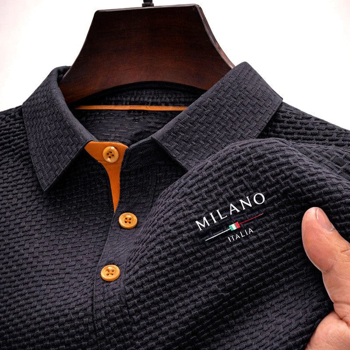 Back view of a fashionable mens slim fit textured knit polo shirt