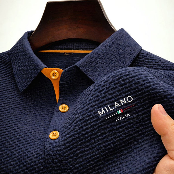 Mens textured knit polo shirt in slim fit, ideal for smart casual wear