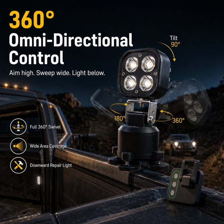 Diagram showcasing 360-degree omni-directional control and tilt angles of the LED work light