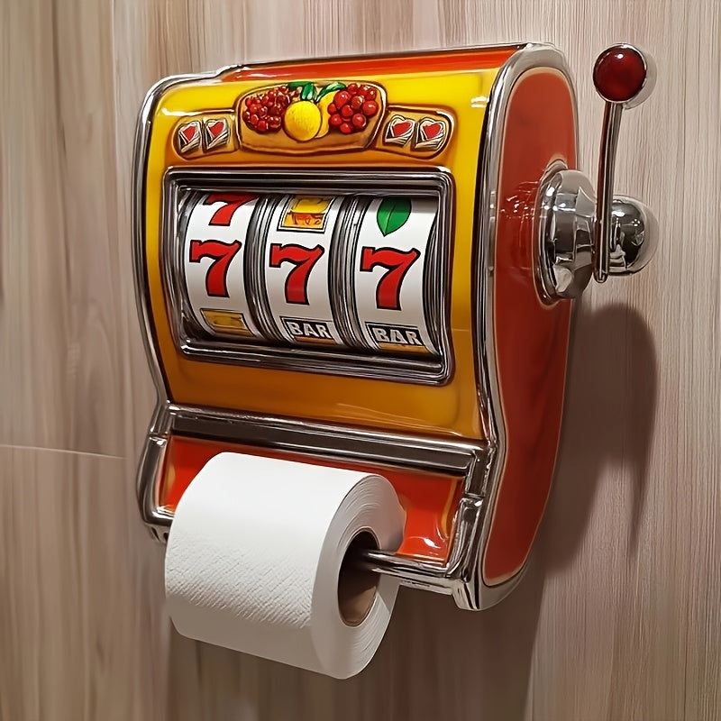 Slot machine toilet roll holder mounted on a wall with a paper roll