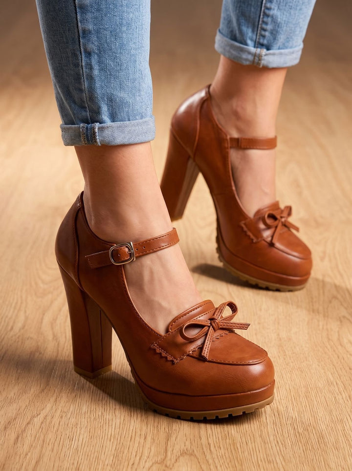 Brown Mary Jane block heel pump showcasing buckle and bow detail