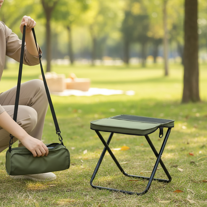 Close-up of sturdy carbon steel joints on the portable camping stool frame