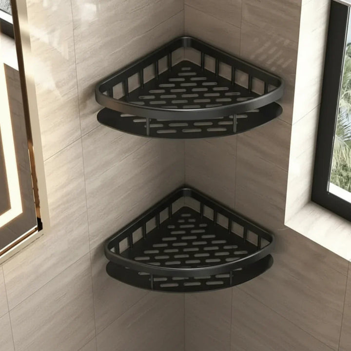Corner adhesive bathroom shelf maximizing small shower space
