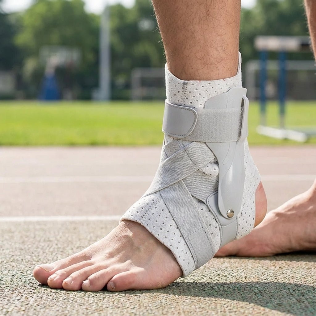 Outdoor view of a person wearing the gray ankle support brace on an athletic track