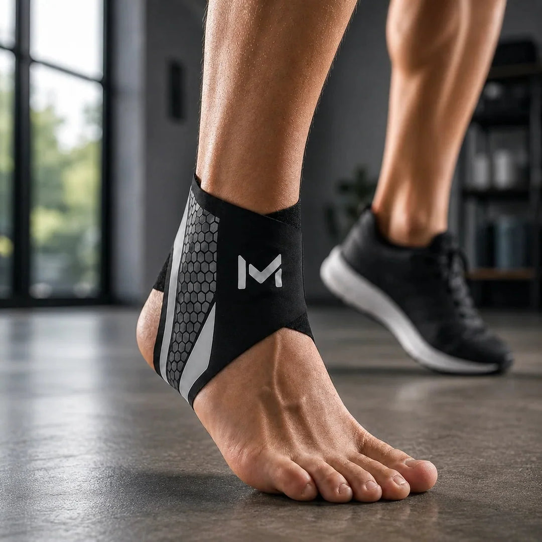 Side view of a person wearing a Black Gray ankle compression sleeve while standing on a gym floor.