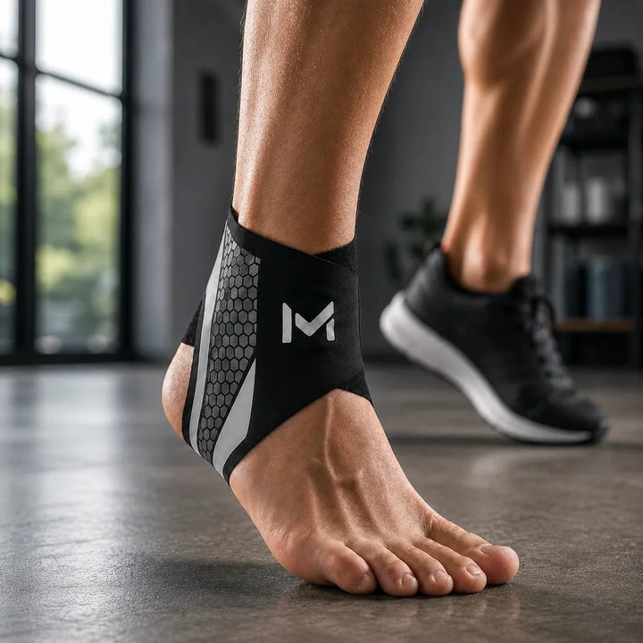 Side view of a person wearing a Black Gray ankle compression sleeve while standing on a gym floor.