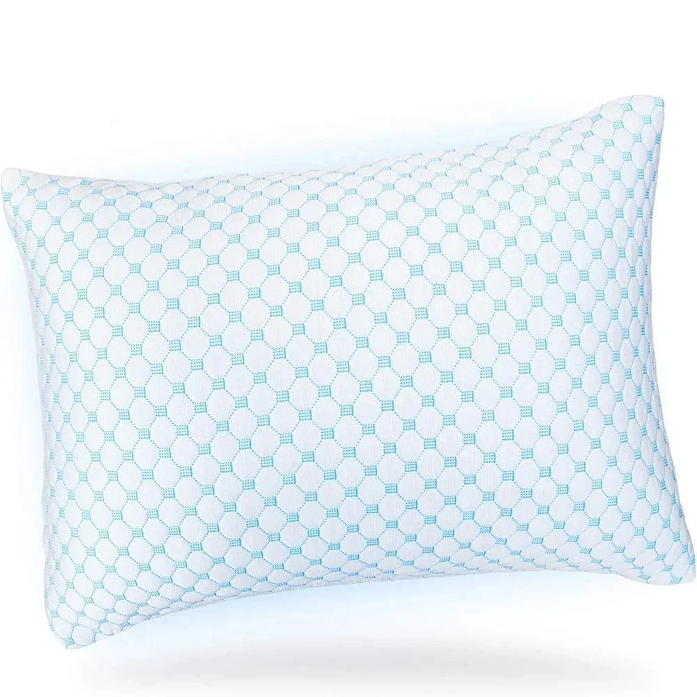 Adjustable cooling sleep pillow showing textured geometric pattern