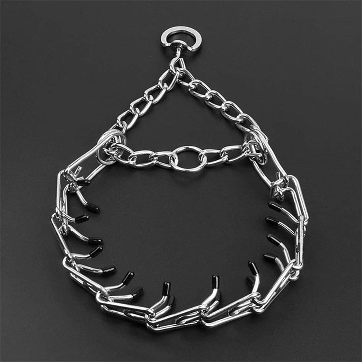 Full view of the metal prong training collar for dogs with protective tips