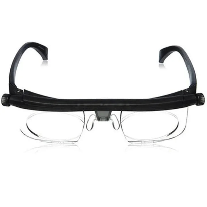 Adjustable focus glasses front view showing dual dials and clear lenses