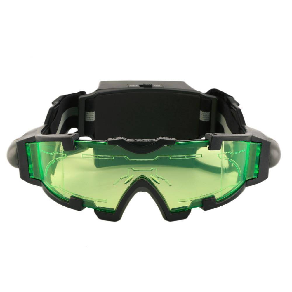 Front view of night vision goggles showing green lenses and headband
