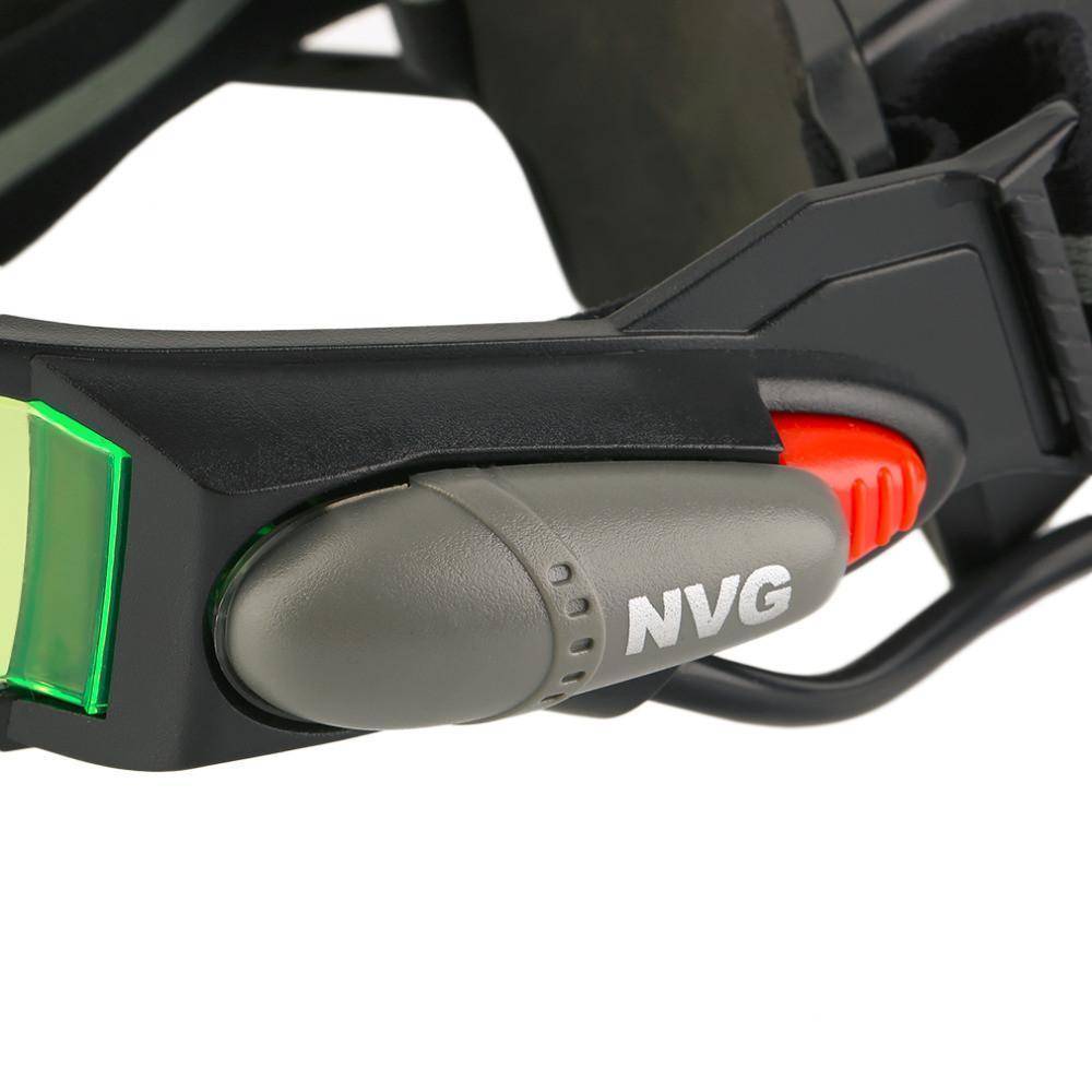 Close-up of tactical night vision goggles with green lenses and comfortable head strap