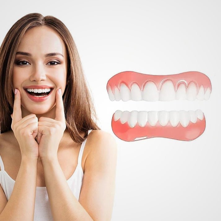 Close up view of realistic upper and lower silicone denture pieces