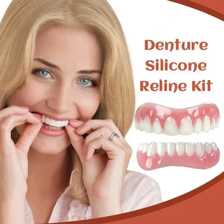 Woman adjusting denture silicone reline kit for natural teeth look