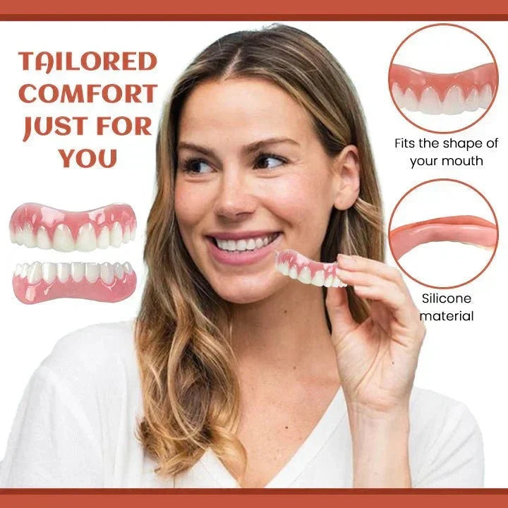 Close-up of snap-on cosmetic teeth for instant smile makeover and oral care
