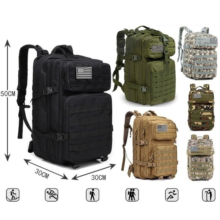 Multiple color options of the 50L rugged outdoor backpack with dimension indicators