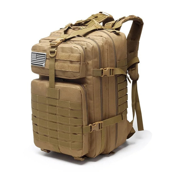 Khaki tactical backpack shown from a three-quarter angle