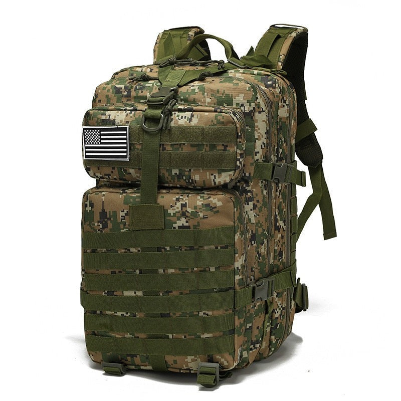 Side profile of 50L outdoor hiking backpack showing compression straps and mesh pockets