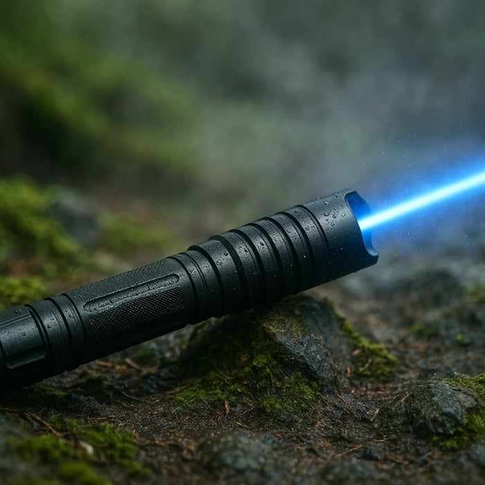 AeroForge Pro waterproof survival laser torch emitting a blue beam outdoors