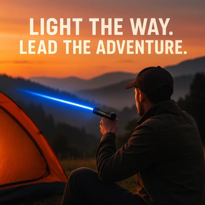 High-intensity outdoor flashlight beam cutting through the darkness