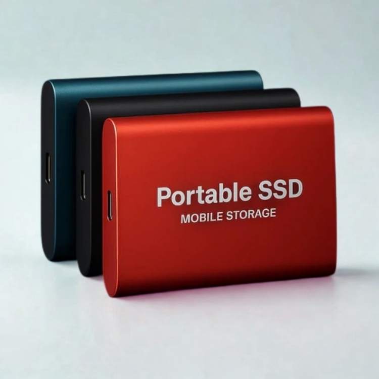 Three portable external SSD hard drives in red, black, and blue colors displayed together.