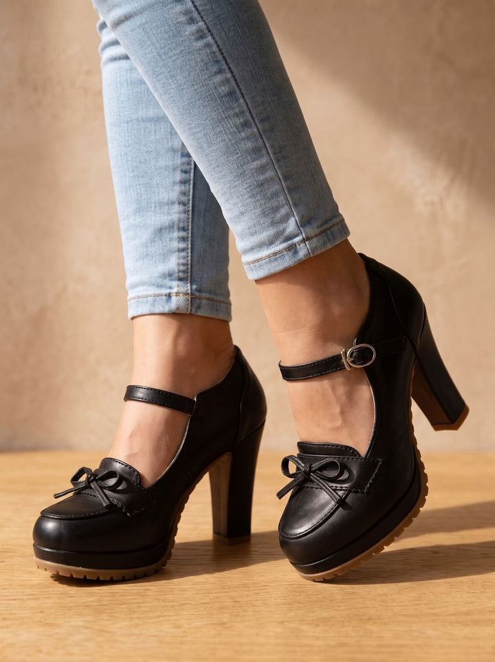 Side view of women's black mary jane block heel pumps featuring a cute bow