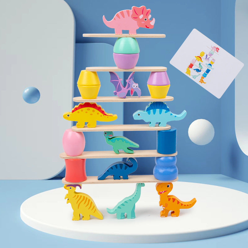 Full set of DinoStack dinosaur figures and blocks arranged in a tall tower