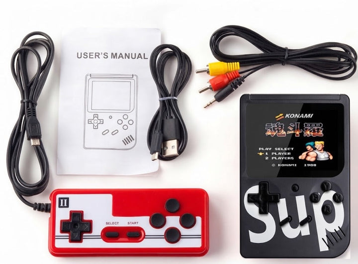 Handheld game player featuring built-in retro arcade video games and colorful casing