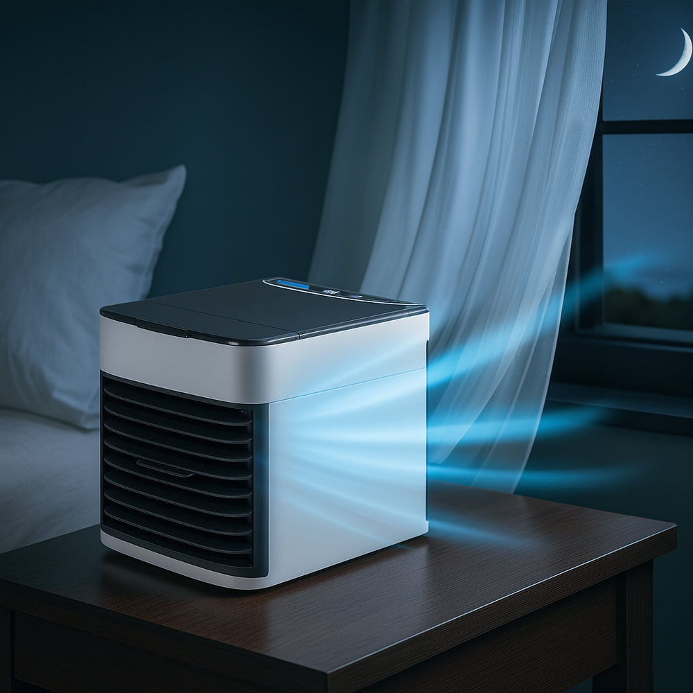 Compact white 3-in-1 portable air cooler resting on a wooden nightstand beside a bed at night.