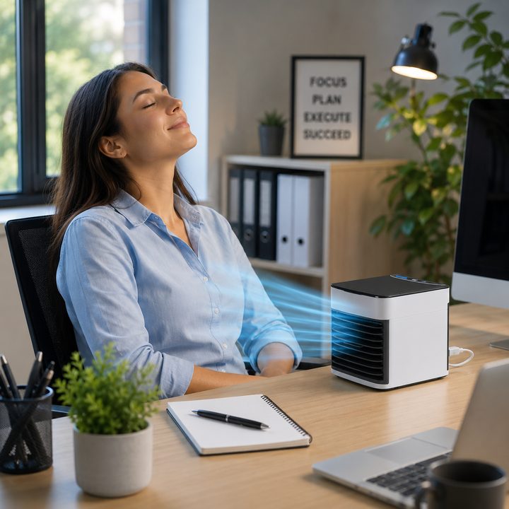 Woman enjoying a refreshing breeze from the personal air cooler while working at her desk.