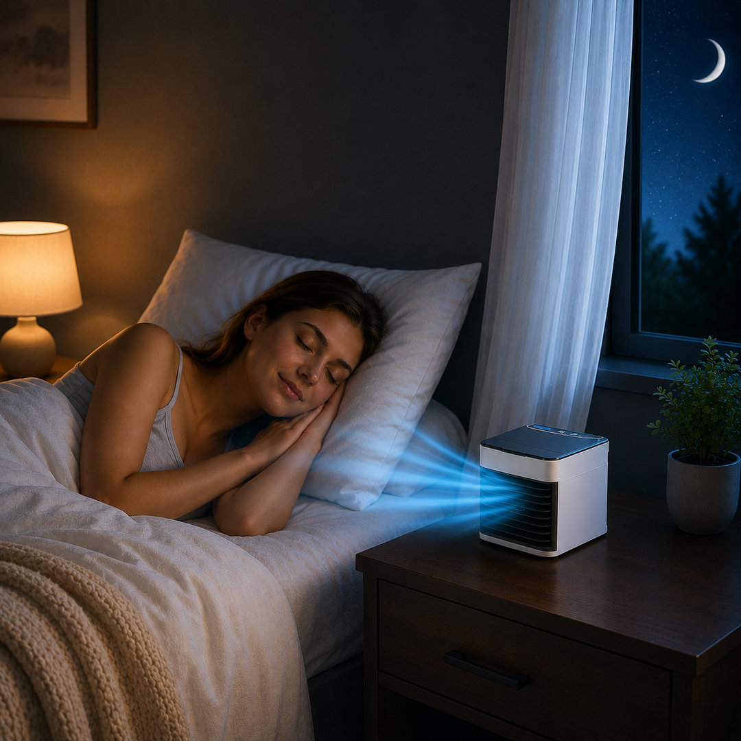 Woman sleeping peacefully in bed next to a quiet mini air cooler on her bedside table.