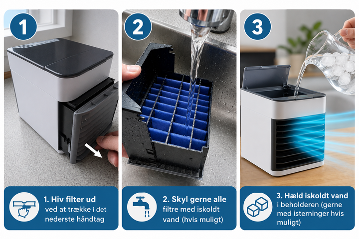Portable 3-in-1 mini air cooler and humidifier operating on a wooden desk in summer