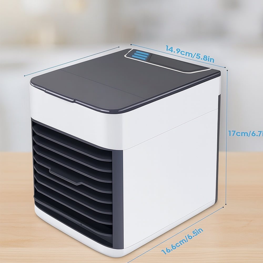Close-up of USB personal cooler and desk fan showing control buttons and mist vents