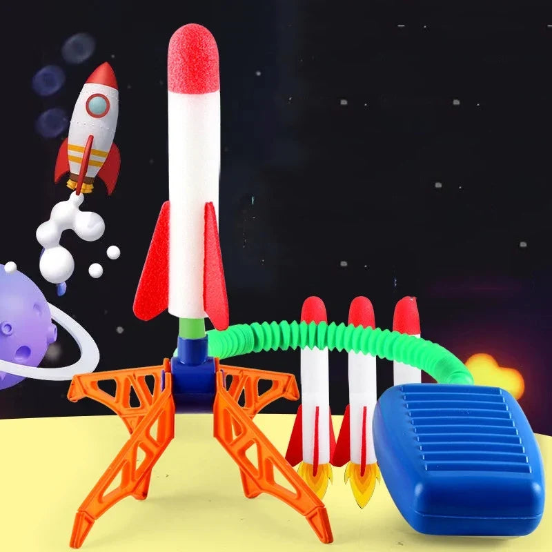 Kids toy air powered rocket launcher with three colorful foam rockets