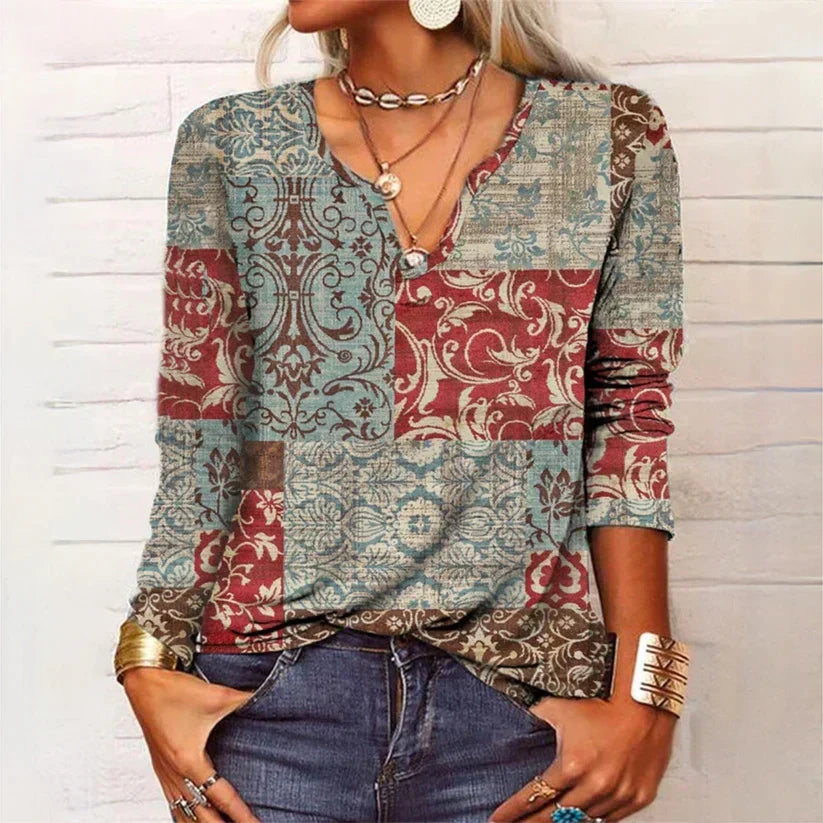 Women wearing an airy patterned V-neck long sleeve summer blouse