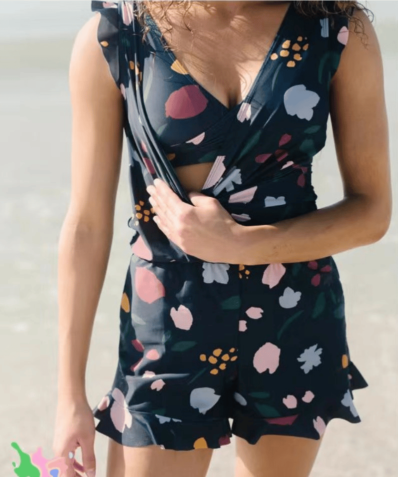 Close-up view of the Aisling women's swimwear featuring a built-in bra and floral pattern