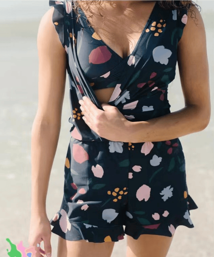 Close-up view of the Aisling women's swimwear featuring a built-in bra and floral pattern