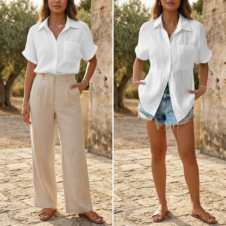 Full outfit styling of White Blouse paired with trousers and denim shorts