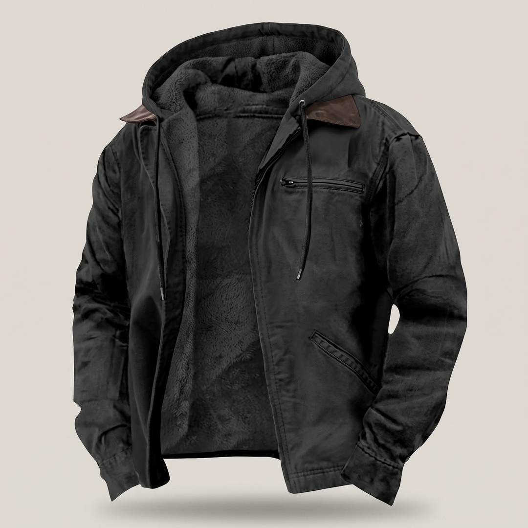 Black men's outdoor hooded jacket with warm lining
