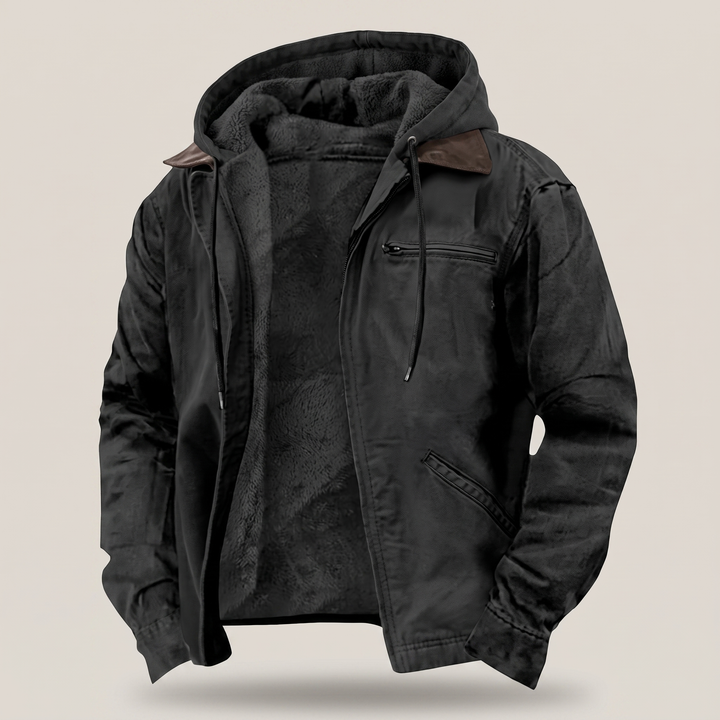 Black men's outdoor hooded jacket with warm lining
