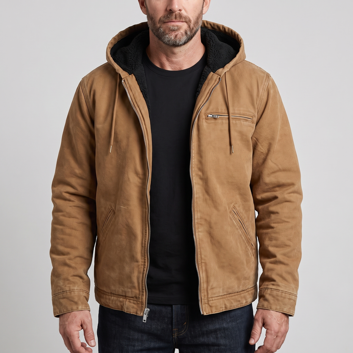 Man wearing camel brown outdoor hooded jacket outdoors